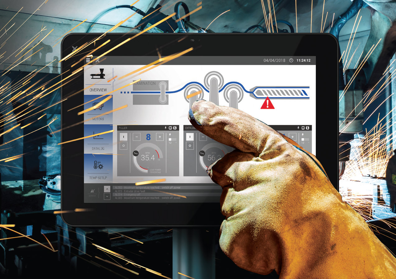 JSmart HMI Operator Interface with Projected Capacitive Touch (PCT) technology makes the display compatible with most types of off-the-shelf gloves, enabling modern gestures like pinch, zoom, and swipe.